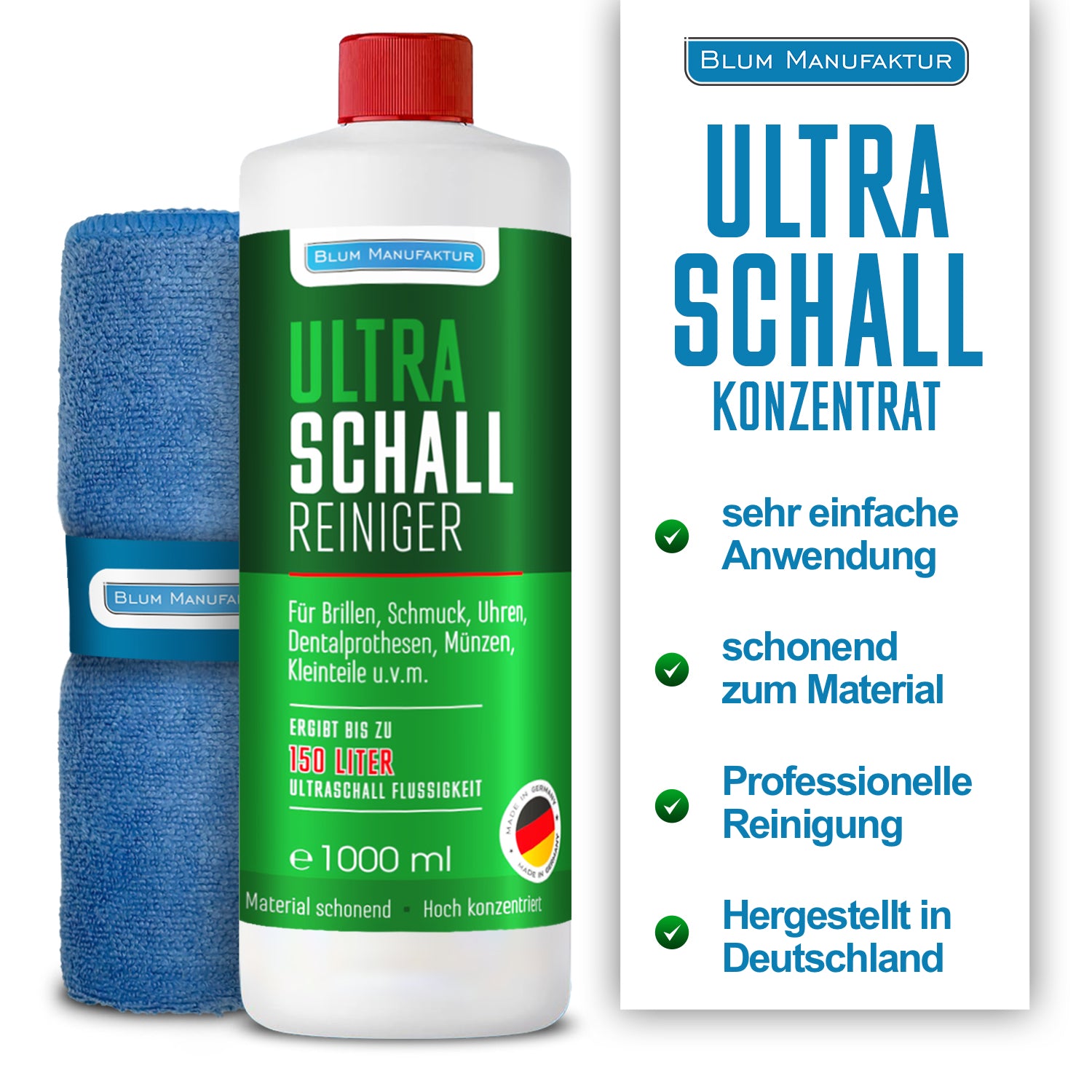 1 Liter Ultraschallreiniger Konzentrat + Mikrofasertuch 40x40 cm + Messbecher