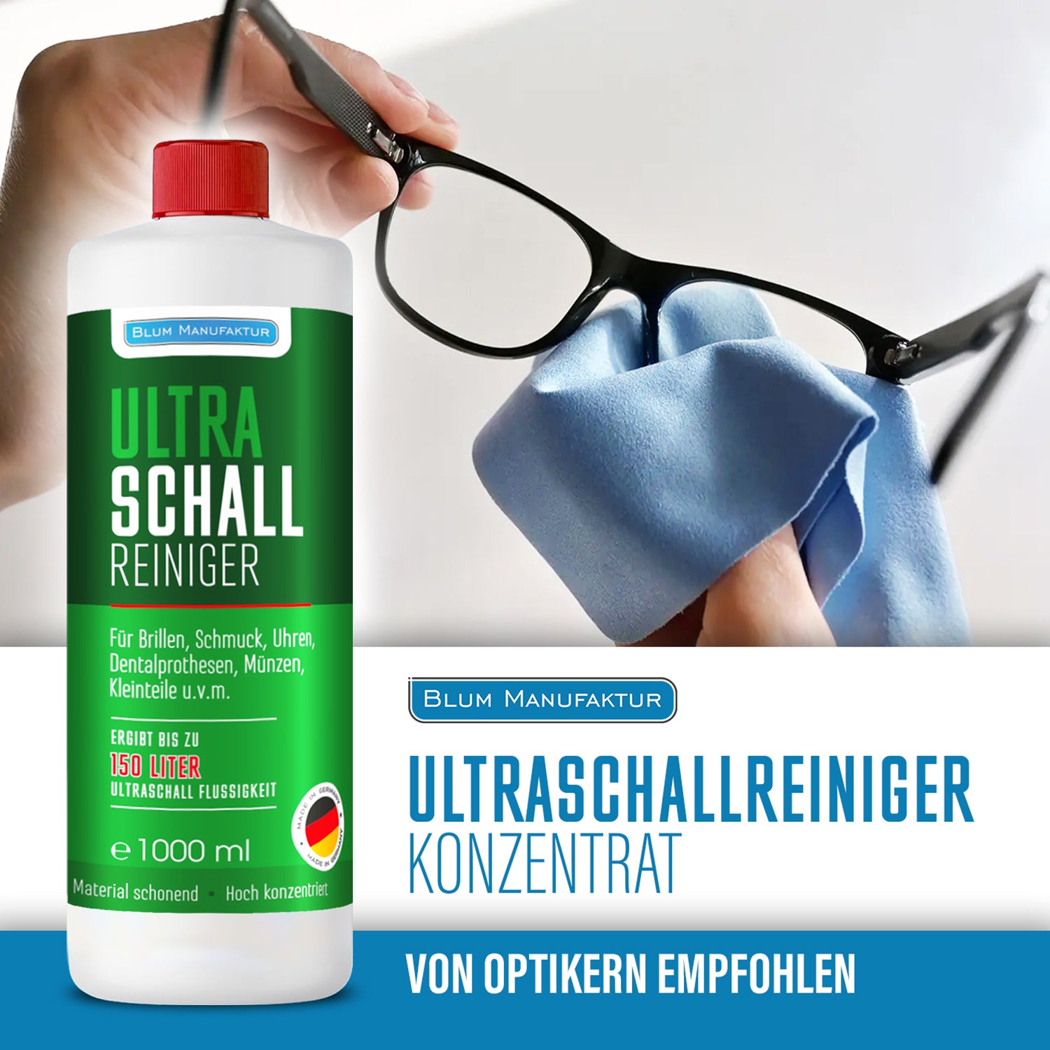 1 Liter Ultraschallreiniger Konzentrat + Mikrofasertuch 40x40 cm + Messbecher