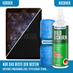 Blum Manufaktur 2x 100ml Bildschirmreiniger + 2x Mikrofasertuch 30x30 cm. Perfekte Reinigung aller Bildschirme und Displays - Streifenfrei ohne Schlieren