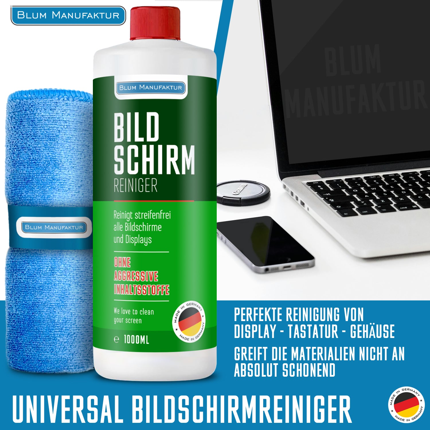 1 Liter Bildschirmreiniger Nachfüllflasche + Mikrofasertuch 30x30 cm