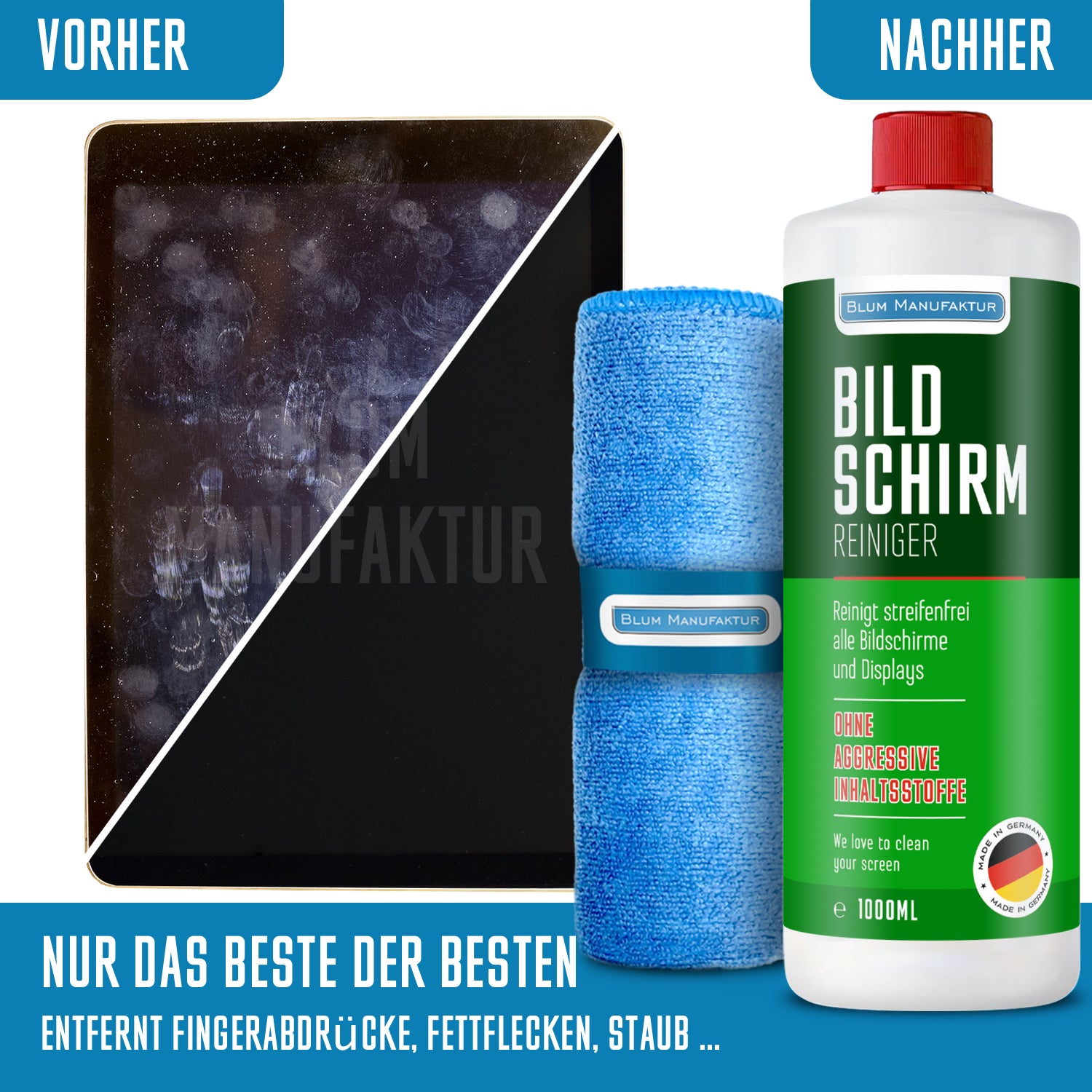 1 Liter Bildschirmreiniger Nachfüllflasche + Mikrofasertuch 30x30 cm