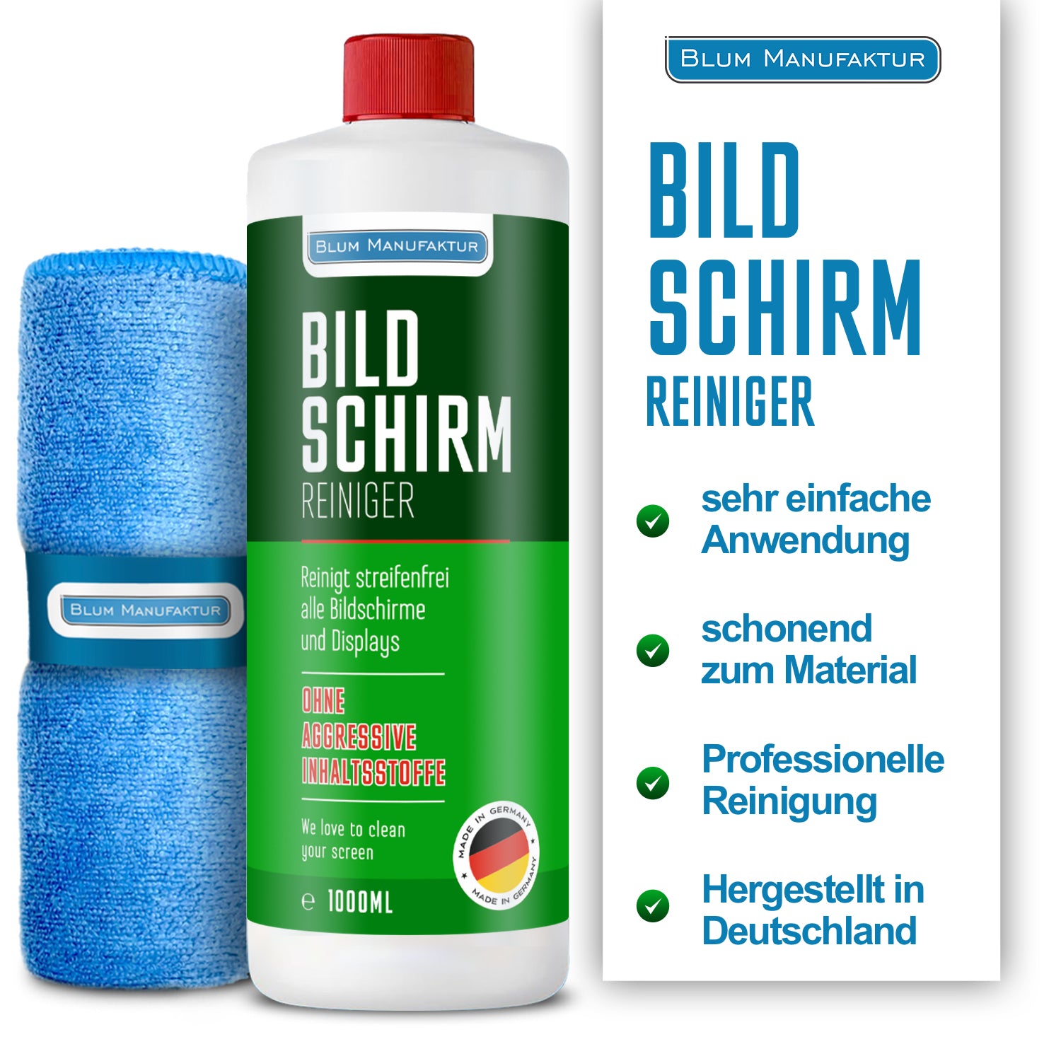 1 Liter Bildschirmreiniger Nachfüllflasche + Mikrofasertuch 30x30 cm