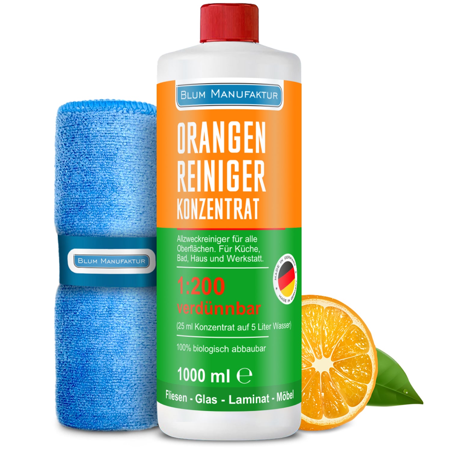 1 Liter Orangenreiniger Konzentrat + Mikrofasertuch 40x40 cm + Messbecher