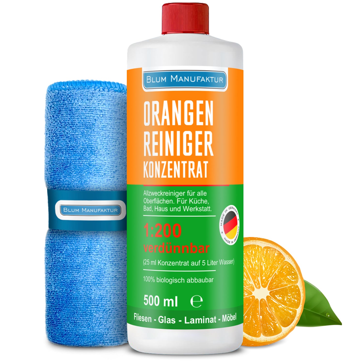 500ml Orangenreiniger Konzentrat + Mikrofasertuch 40x40 cm + Messbecher